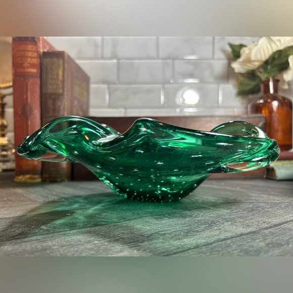 Vintage Murano Art Glass Bowl Bullicante Controlled Bubbles Emerald Green - Picture 6 of 10
